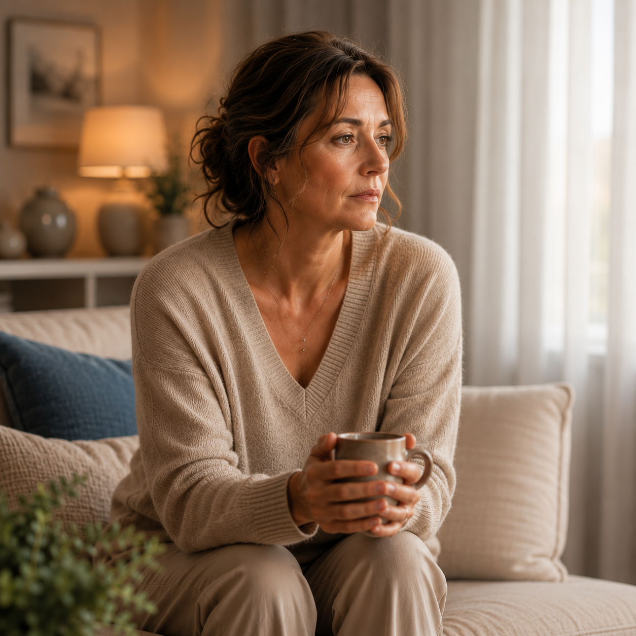 Femme apaisée avec une tasse, regardant vers l'horizon